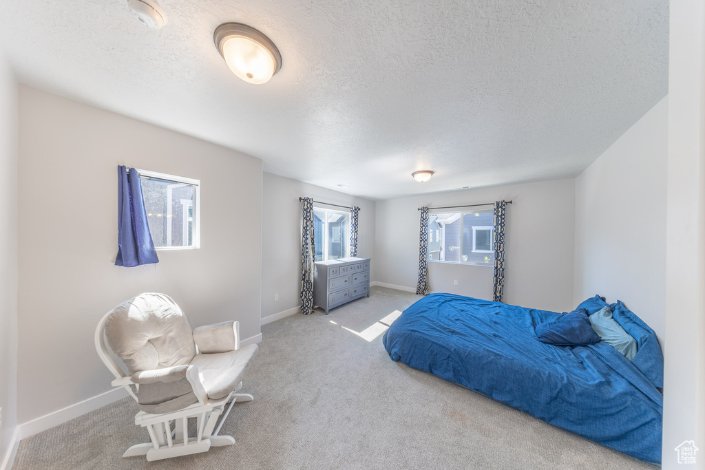 Bedroom featuring a textured ceiling, carpet flooring, and baseboards