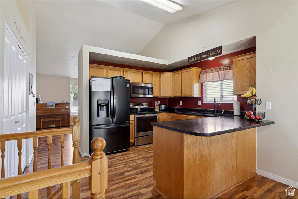 Kitchen featuring appliances with stainless steel finishes, a sink, a peninsula, wood finished floors, and dark countertops