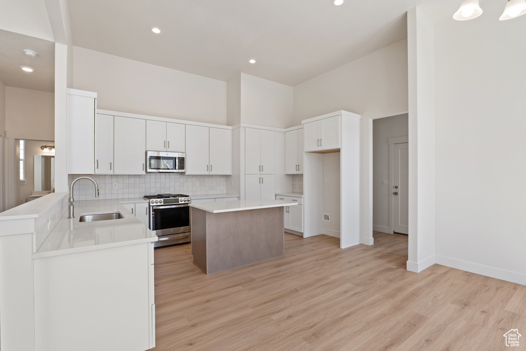 Kitchen featuring stainless steel appliances, a sink, backsplash, light wood-style flooring, and a center island