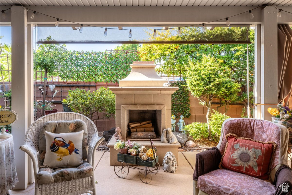 Balcony with a tile fireplace