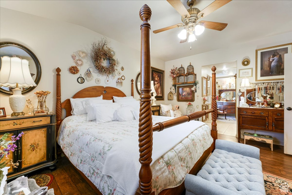 Bedroom featuring wood finished floors and ceiling fan