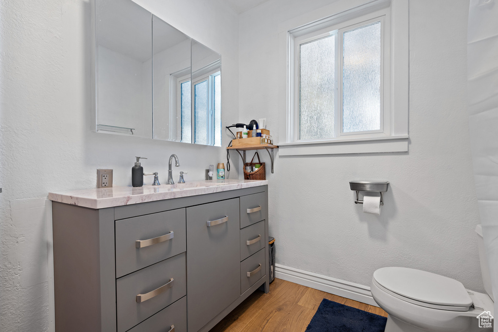 Bathroom with vanity, wood finished floors, toilet, and baseboards