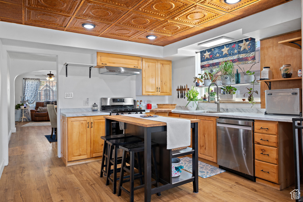 Kitchen with appliances with stainless steel finishes, a sink, butcher block counters, under cabinet range hood, and light wood-type flooring