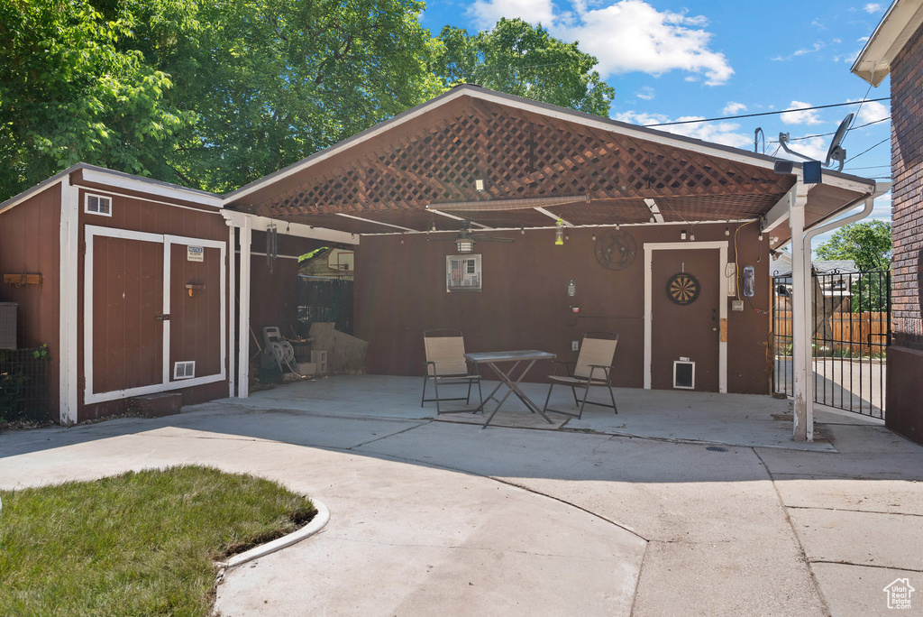 Garage with a storage shed