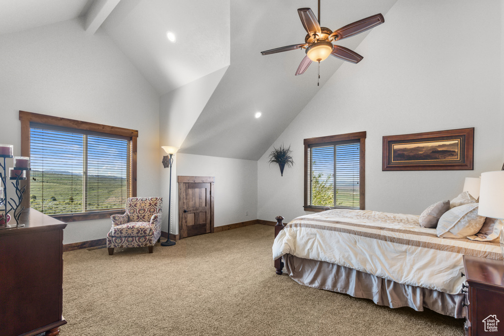 Bedroom featuring carpet floors, high vaulted ceiling, baseboards, beamed ceiling, and recessed lighting