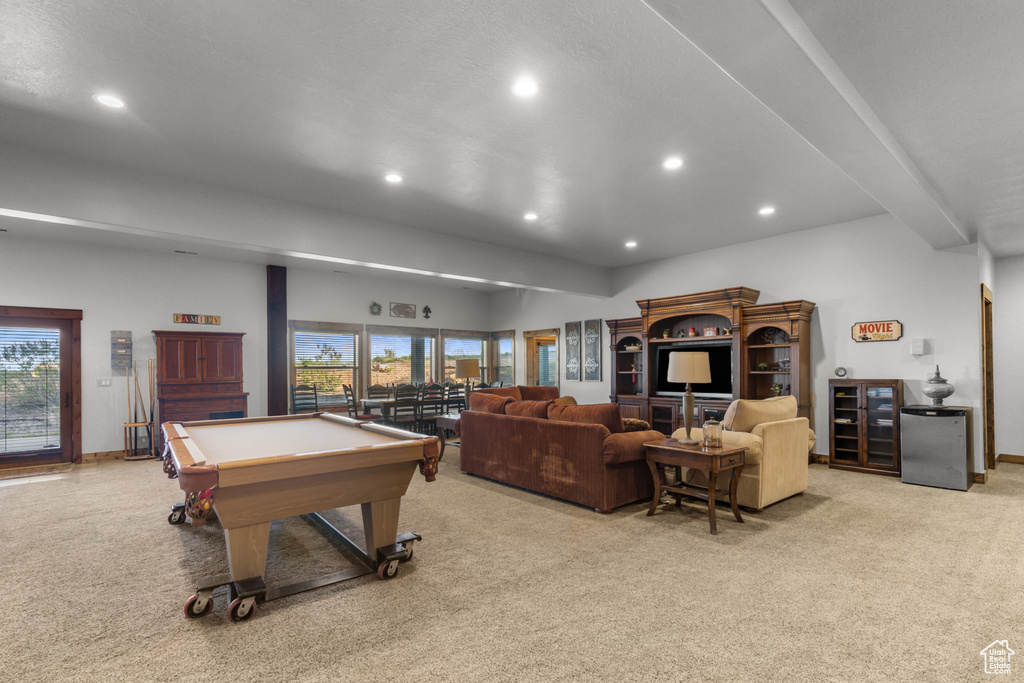 Game room with light carpet, recessed lighting, pool table, and healthy amount of natural light