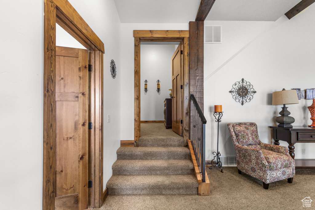 Stairs featuring carpet floors, baseboards, and beamed ceiling