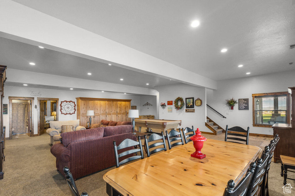Dining room featuring recessed lighting, stairs, a dry bar, and carpet