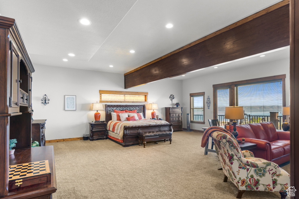 Bedroom with recessed lighting, light carpet, and baseboards