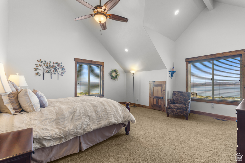Carpeted bedroom featuring high vaulted ceiling, baseboards, recessed lighting, beam ceiling, and ceiling fan
