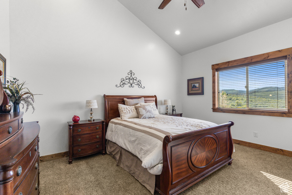 Bedroom featuring light carpet, baseboards, high vaulted ceiling, a ceiling fan, and recessed lighting