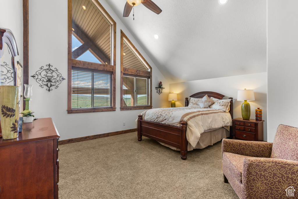 Bedroom with lofted ceiling, carpet flooring, baseboards, a ceiling fan, and recessed lighting