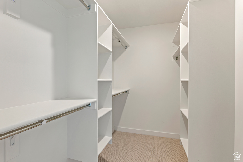 Walk in closet featuring light colored carpet