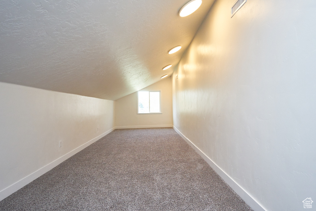 Additional living space featuring lofted ceiling, a textured ceiling, carpet flooring, and baseboards