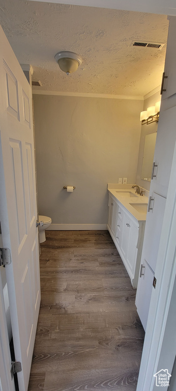 Bathroom featuring a textured ceiling, vanity, wood finished floors, toilet, and ornamental molding