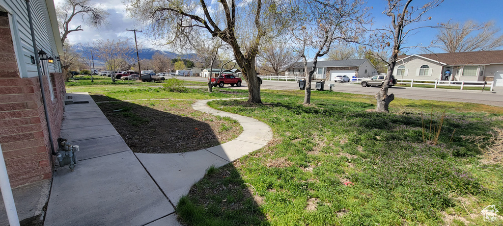 View of yard with a residential view and a mountain view