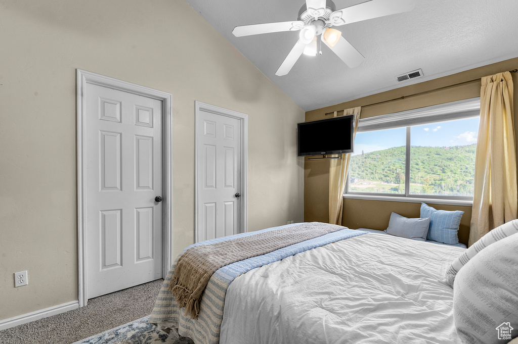 Bedroom featuring carpet, baseboards, ceiling fan, and high vaulted ceiling