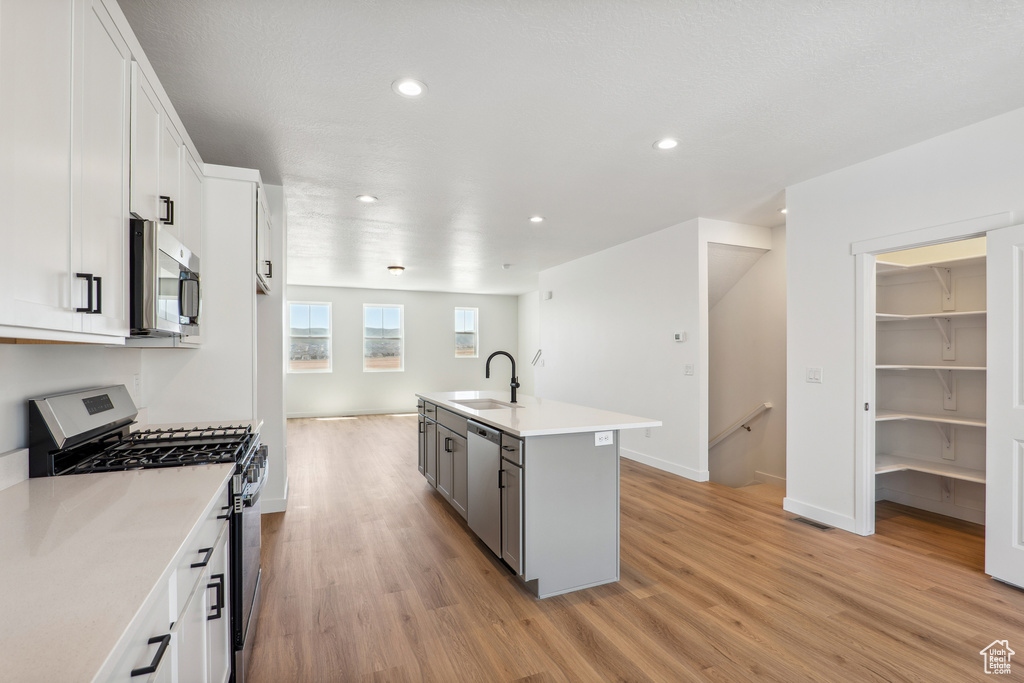 Kitchen with appliances with stainless steel finishes, light wood-type flooring, a sink, recessed lighting, and white cabinets