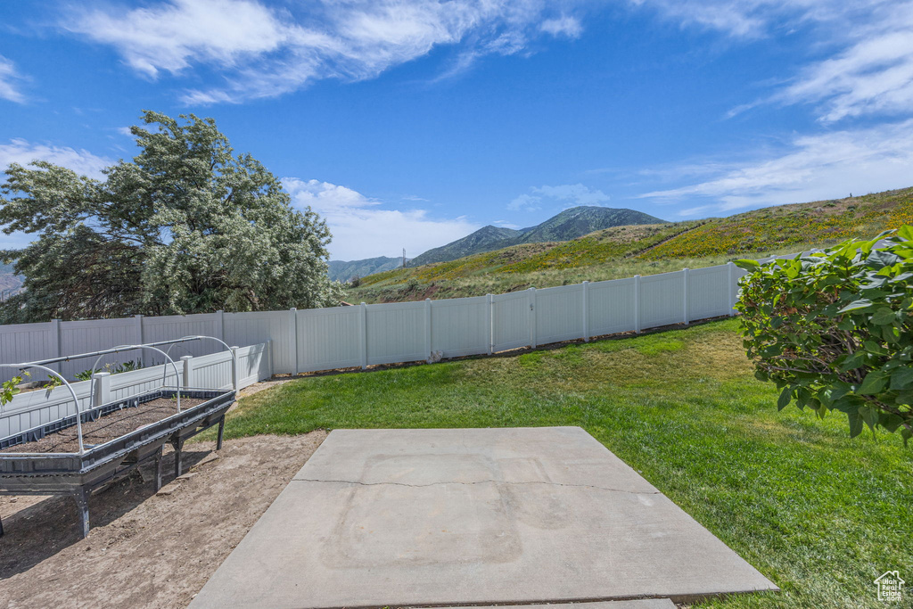 View of yard with a patio area and a mountain view