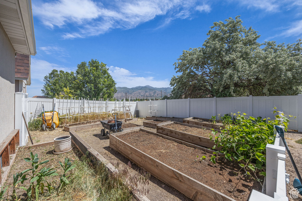Fenced backyard featuring a mountain view and a garden