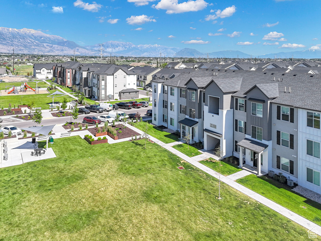 Aerial perspective of suburban area with mountains