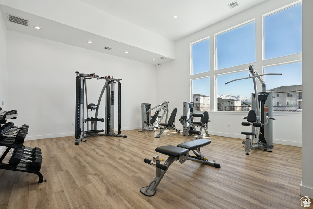 Exercise room with light wood finished floors, recessed lighting, and baseboards