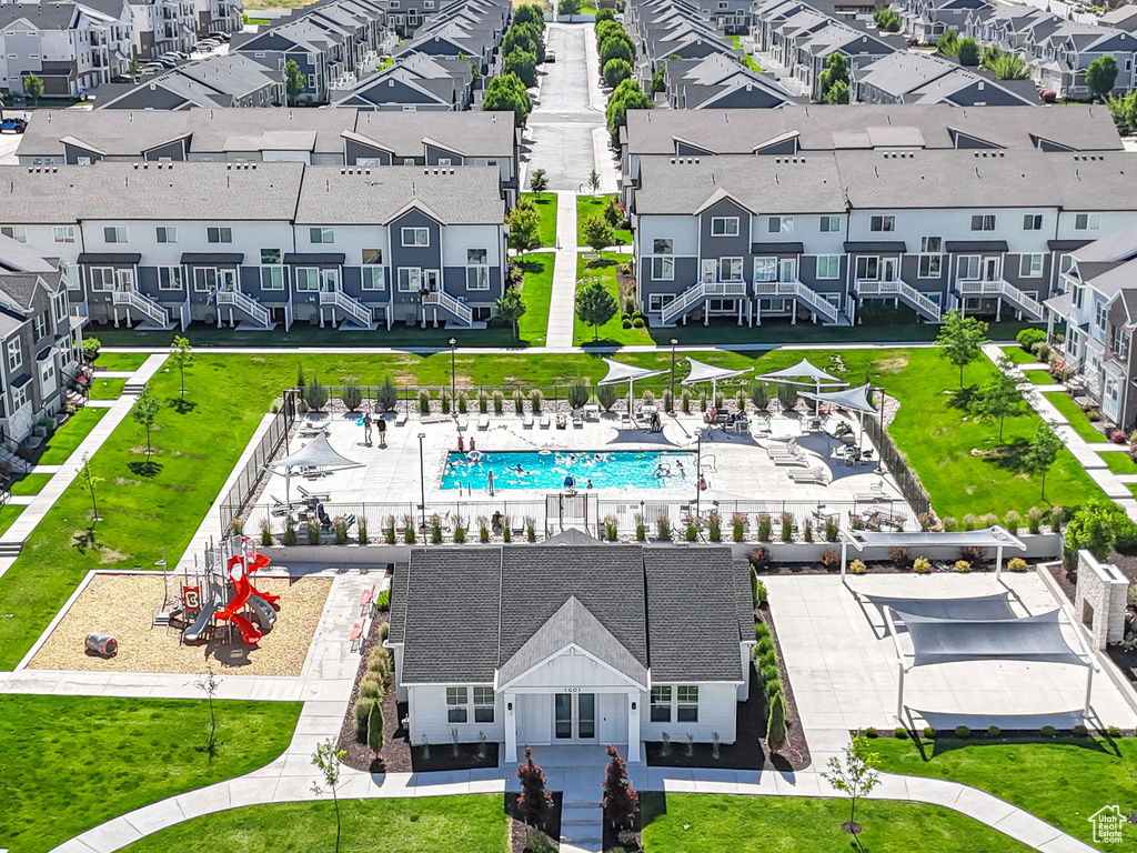 Aerial view of residential area with a pool