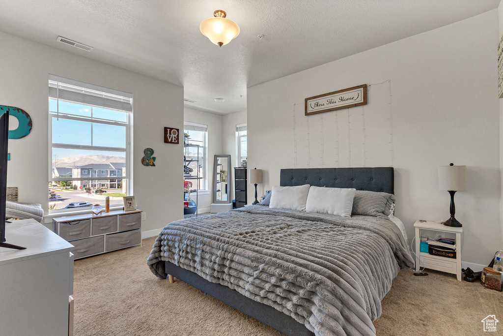 Bedroom featuring light colored carpet and baseboards
