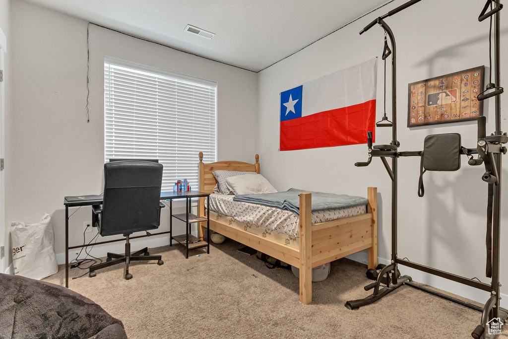 Bedroom with carpet floors and a desk