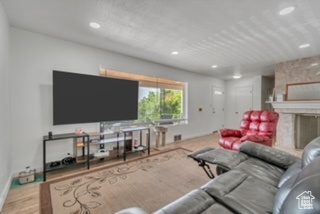 Living area with wood finished floors, recessed lighting, and a premium fireplace