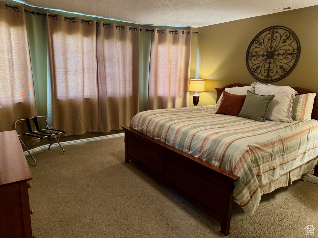 Bedroom with carpet flooring and a textured ceiling