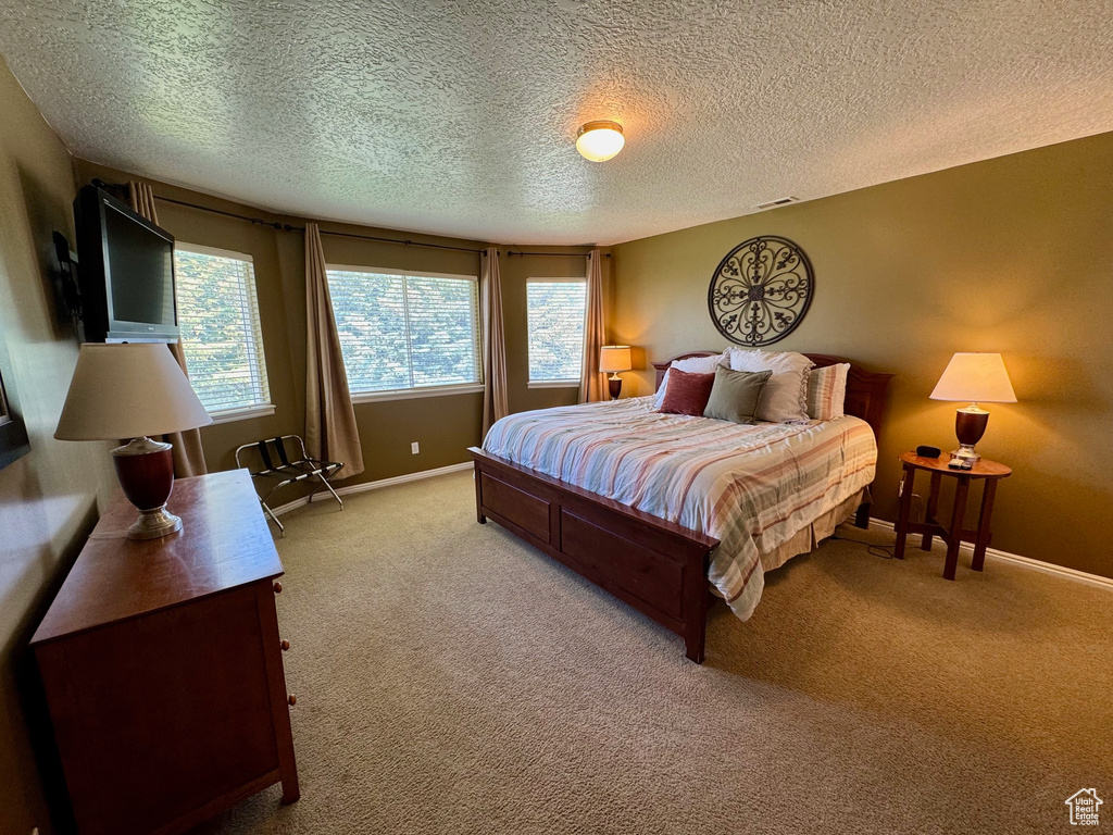 Bedroom featuring light colored carpet and a textured ceiling