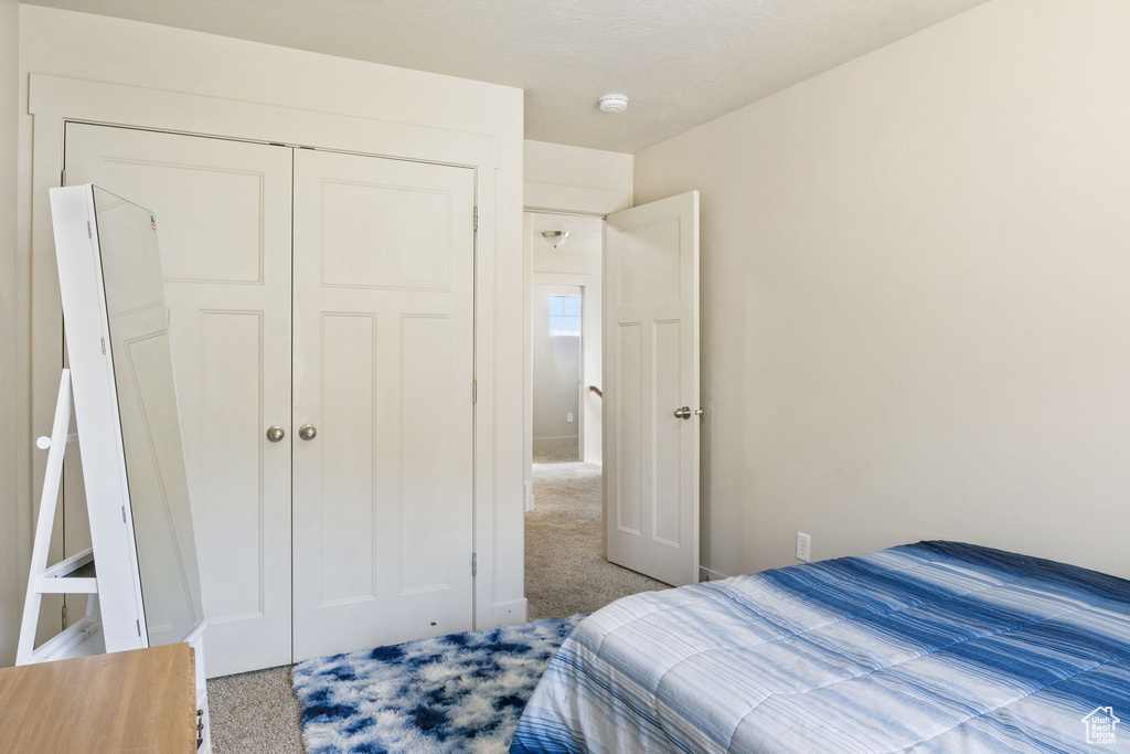 Carpeted bedroom with a closet