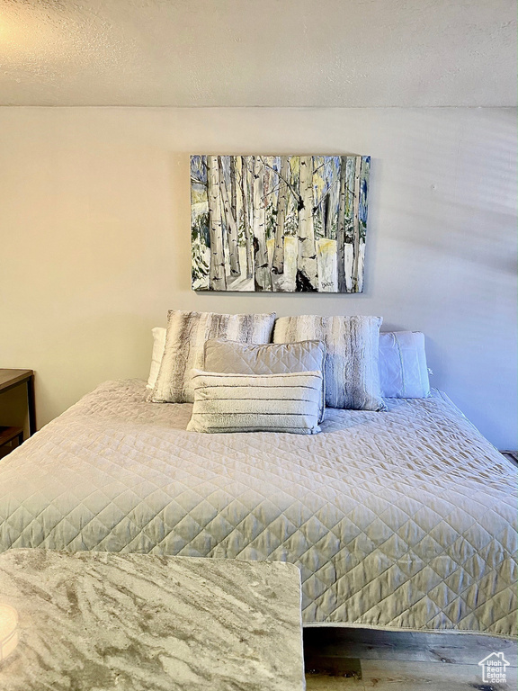 Bedroom with a textured ceiling