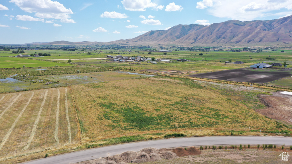 Aerial view of sparsely populated area featuring a mountain backdrop