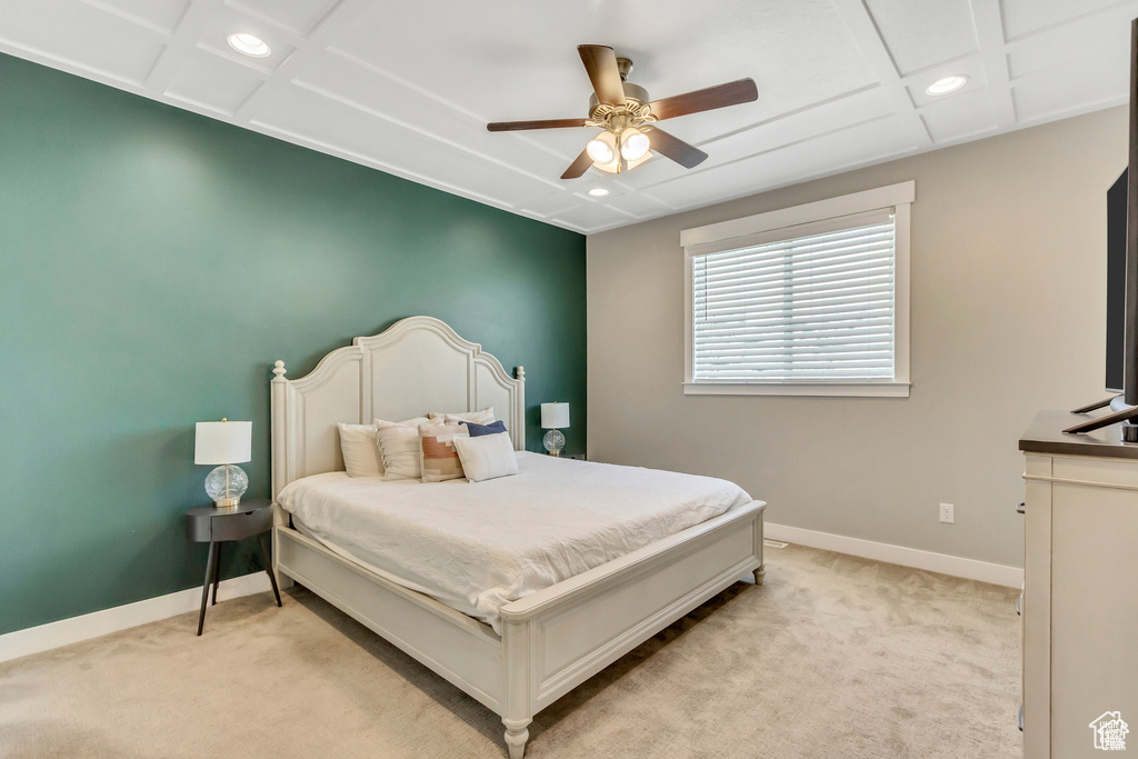 Bedroom featuring baseboards, light colored carpet, recessed lighting, coffered ceiling, and ceiling fan