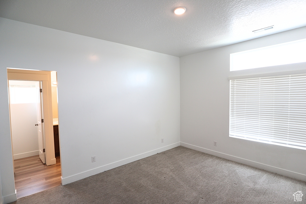 Spare room with a textured ceiling, carpet flooring, and baseboards