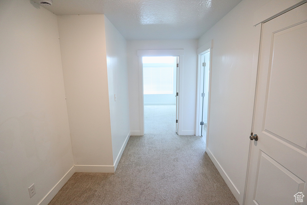 Hallway with carpet flooring, baseboards, and a textured ceiling
