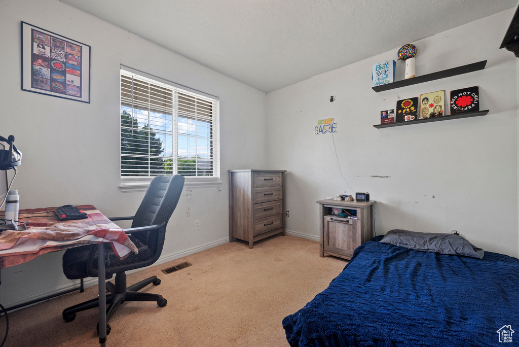 Bedroom with carpet floors, baseboards, and a desk