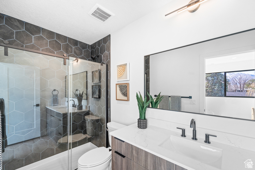 Bathroom featuring toilet, vanity, and a stall shower