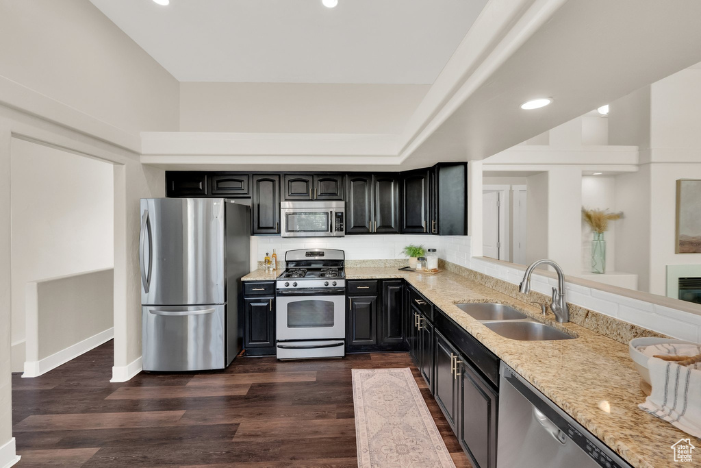 Kitchen featuring stainless steel appliances, a sink, light stone counters, dark wood-style floors, and recessed lighting
