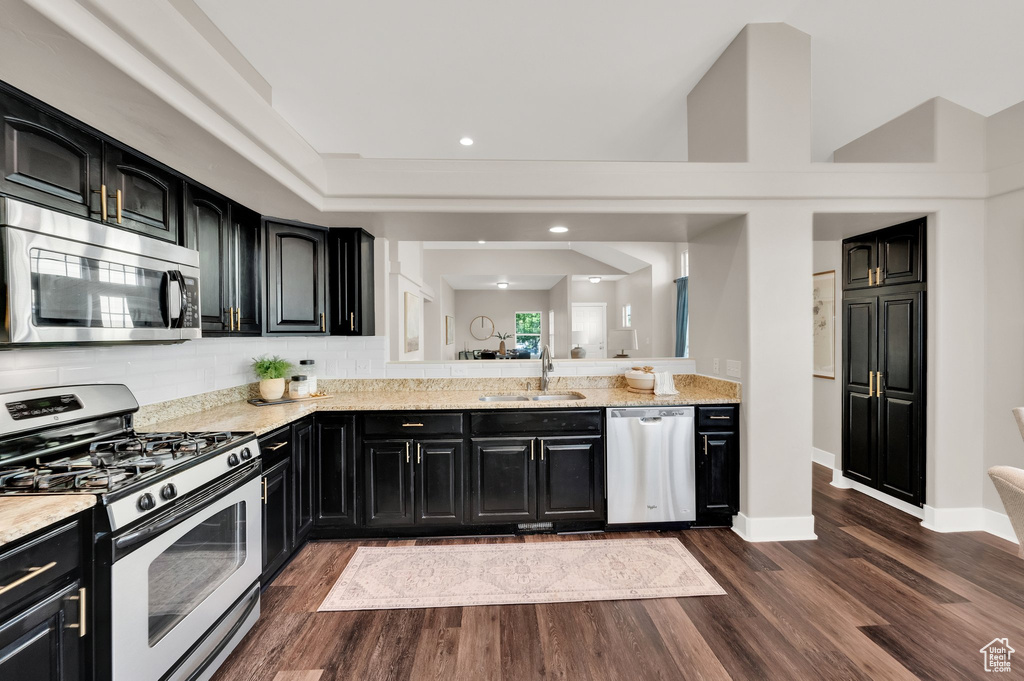 Kitchen with stainless steel appliances, dark cabinets, a sink, dark wood-type flooring, and decorative backsplash