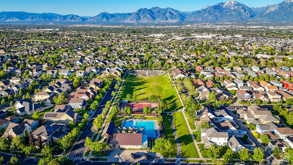Aerial perspective of suburban area with mountains