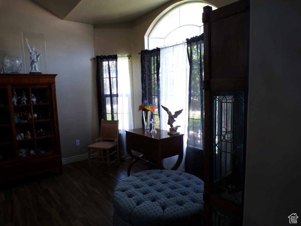 Entryway with dark wood-style floors and baseboards