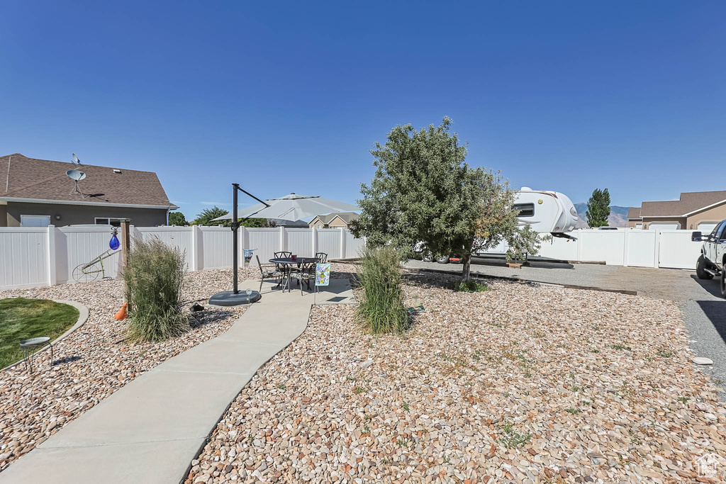 Fenced backyard featuring a patio