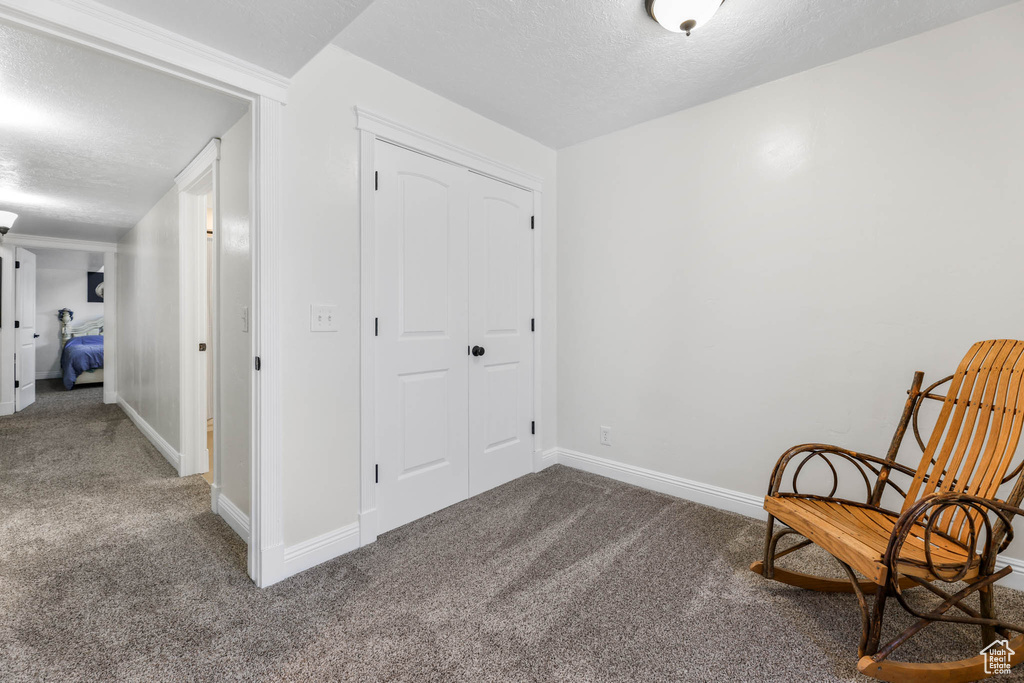 Sitting room featuring carpet floors, a textured ceiling, and baseboards