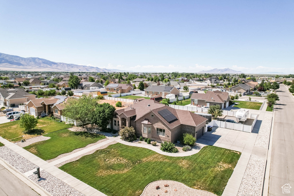 Aerial perspective of suburban area with mountains