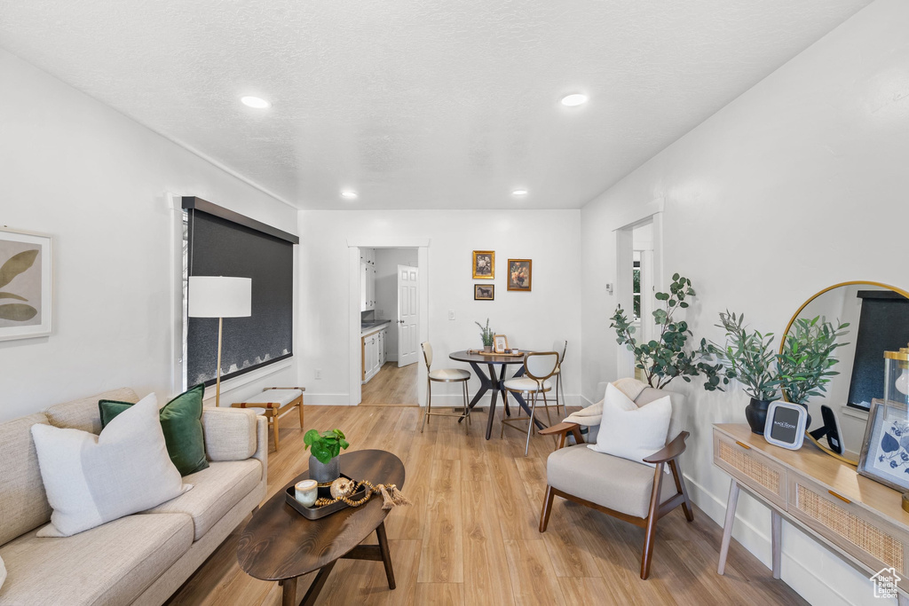Living room with light wood-type flooring, recessed lighting, and baseboards