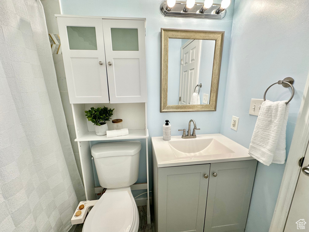 Bathroom featuring vanity, toilet, and curtained shower