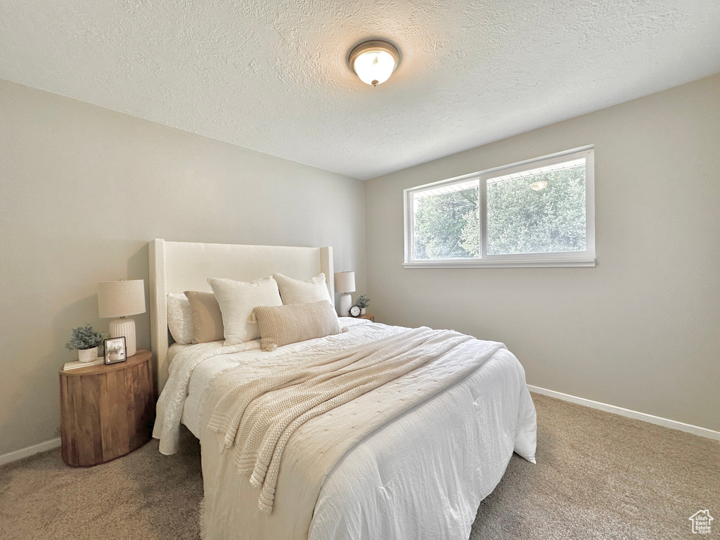Carpeted bedroom with baseboards and a textured ceiling